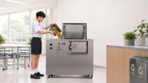 นักเรียนเทขยะเศษอาหารลงเครื่องกำจัดขยะเศษอาหารสำหรับโรงเรียน Oklin