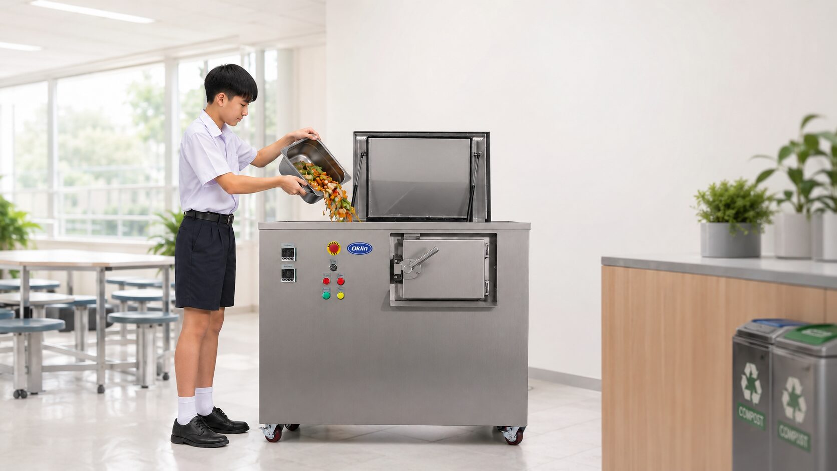 นักเรียนเทขยะเศษอาหารลงเครื่องกำจัดขยะเศษอาหารสำหรับโรงเรียน Oklin